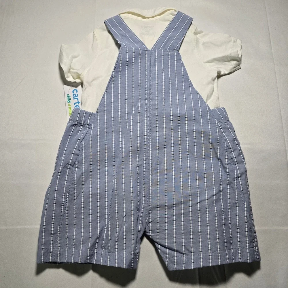 Carters Baby Boys 12m Blue Striped Overalls and White Shirt Outfit NWT
